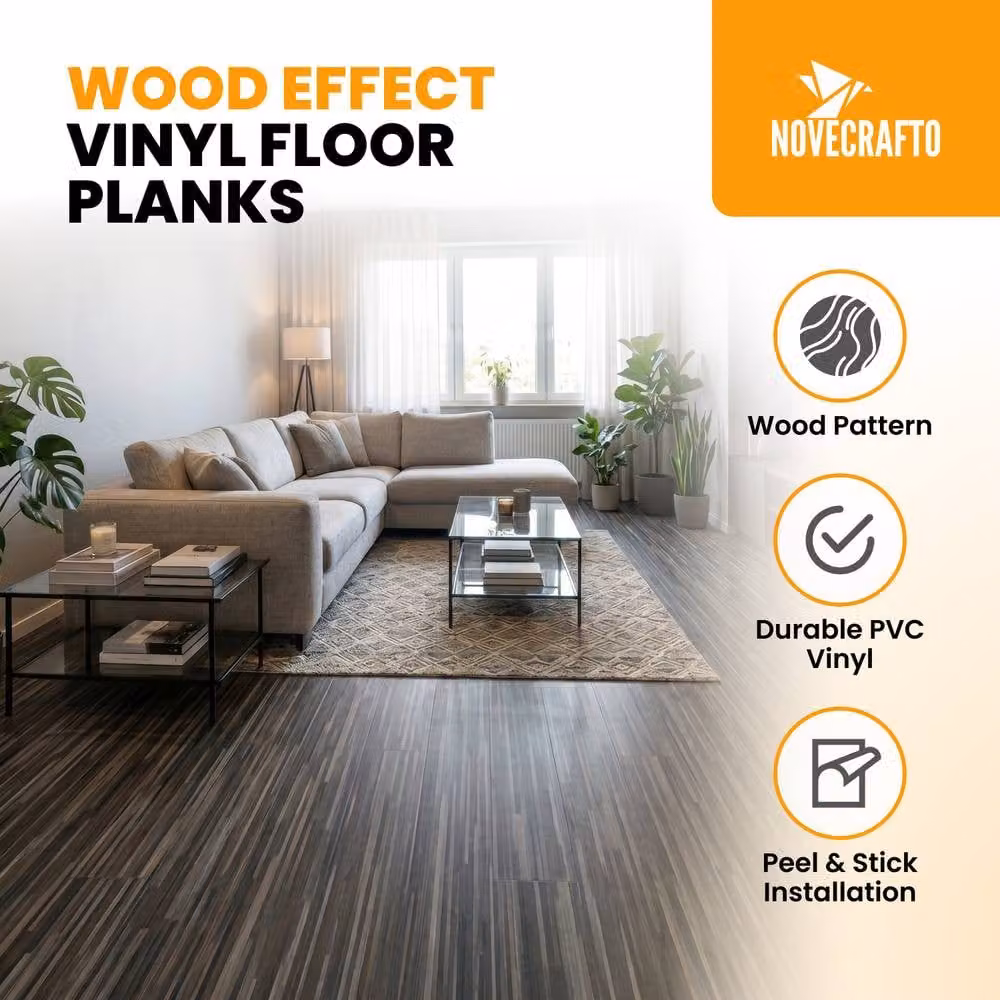Novecrafto Self Adhesive Wood Effect Vinyl Floor Planks, 10 Pieces, Dark Grey, 1.39m² – 2