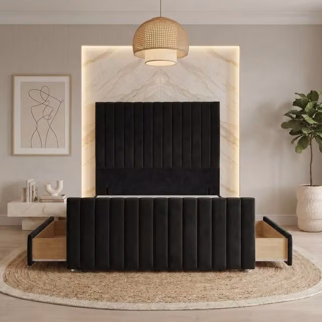 Somnior Eleanor Super King Velvet Divan Base with 4 Drawers, 54 inch Headboard and 22 inch Footboard, Black, W/D/H: 200 x 200 x 137.16 cm – 1