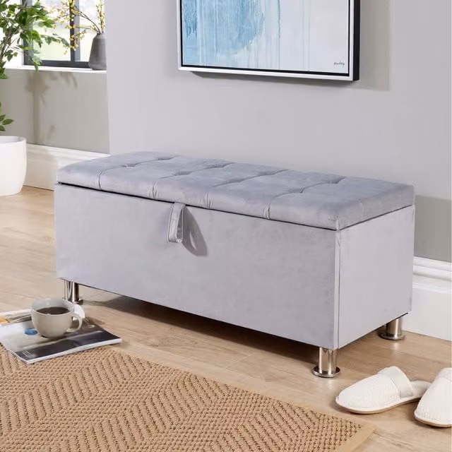 Home Source Modern Rectangular Padded Storage Ottoman in Grey Fabric with Metal Frame