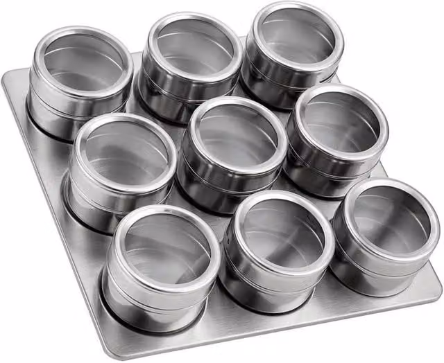 PAWNORA Pack of 9 Silver Stainless Steel Spice Jars – 1