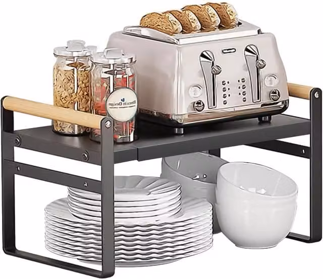 VOGREX Expandable Adjustable Metal Kitchen Cabinet Shelf Insert, Black, Width: 37-60 cm