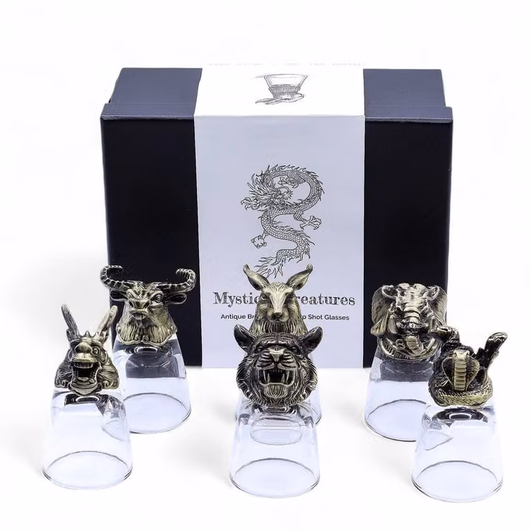 Serenityy Mystical Creatures Shot Glass Gift Set of 6, Antique Bronze and Transparent, 50ml per glass