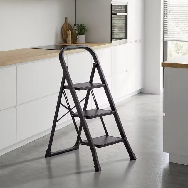 SONGMICS 3 Tier Folding Steel Step Ladder in Black
