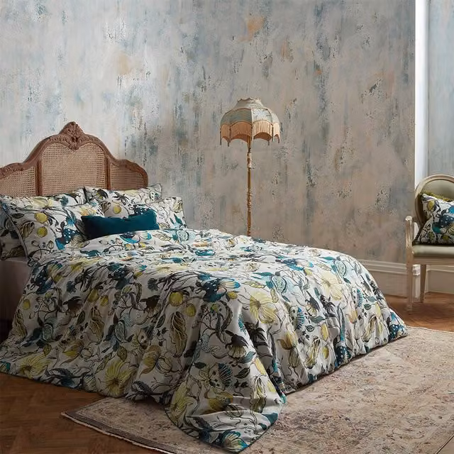 Edinburgh Weavers Morton Floral Mako Satin Cotton Duvet Cover Set, Petrol/Turquoise Multicolour, 140 x 200 cm