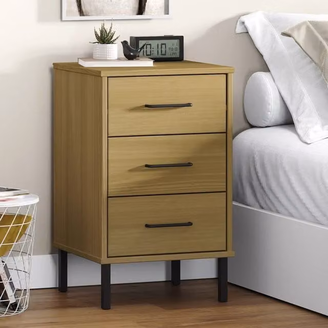 Berkfield Home Oslo Bedside Cabinet in Brown Solid Pine Wood with Metal Legs – 1