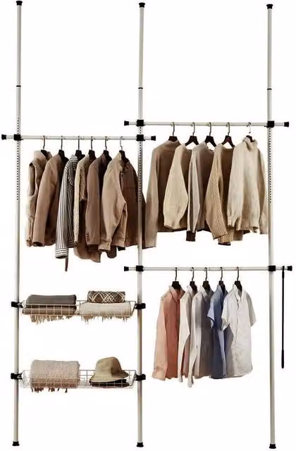 VOGREX White Metal Floor Standing Clothes Rail with Baskets – 1