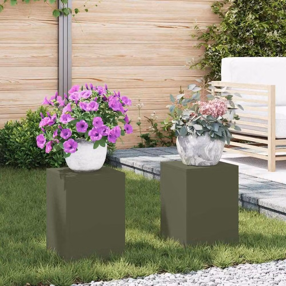 Berkfield Home Outdoor Plant Stand Pillar Set of 2 in Matt Olive Green Steel, W/D/H: 24 x 24 x 35 cm – 2
