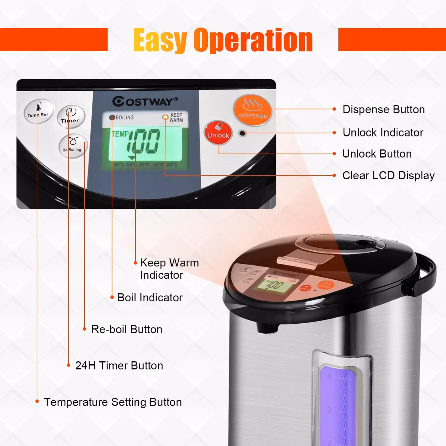 Costway Instant Hot Water Dispenser and Thermal Water Boiler with 5 Temperature Settings, Silver and Multicolour, 5 l – 5