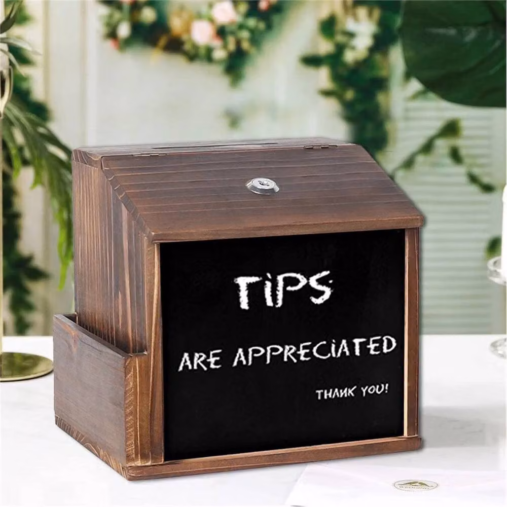 Nordara Wooden Suggestion Box and Donation Tip Jar with Lock and Chalkboard, Dark Brown – 4