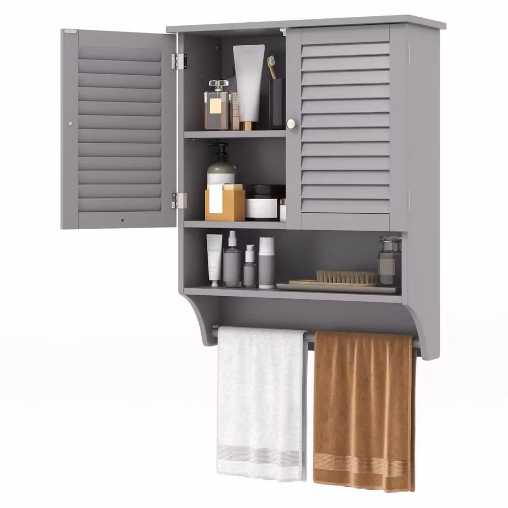 Costway Grey Wall Mounted Wooden Bathroom and Kitchen Medicine Cabinet with 2 Hinged Doors and Internal Shelves – 3