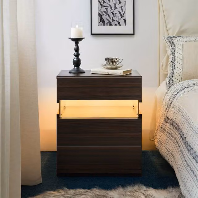 Matteo Modern LED Nightstand with Integrated Lighting and 3 Drawers in Brown Wood Finish – 1