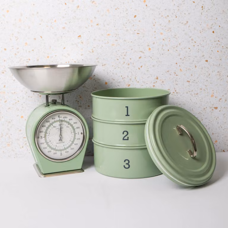 Living Nostalgia 2pc English Sage Green Kitchenware Set with Three Tier Cake Tin and Mechanical Scale