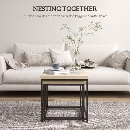 HOMCOM Nest of 2 Coffee Tables in Oak with 3.5 cm Thick Tabletop – 3