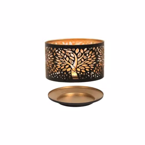 Aromatize Metal Silhouette Tree of Life Aroma Jar Shade and Tray Set in Black and Gold/Brass, Diameter: 15 cm – 1