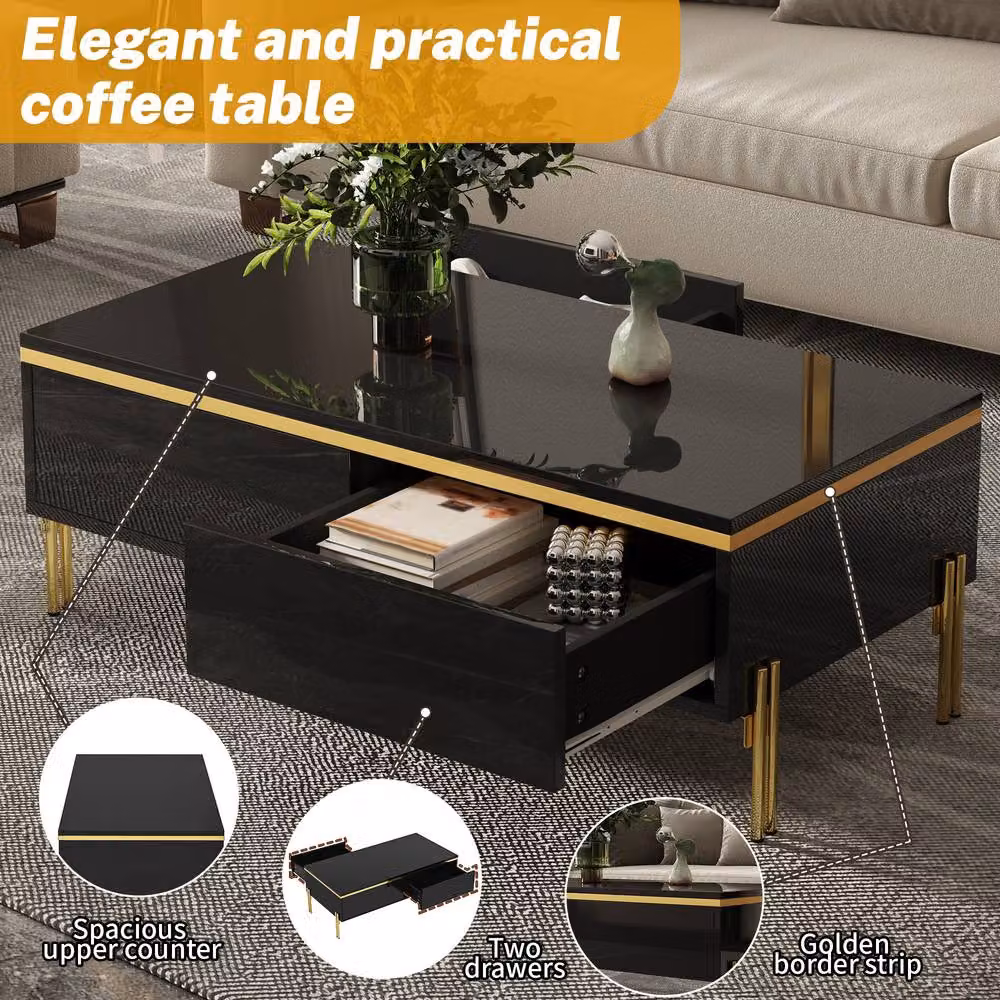 Merax High Gloss Rectangular Coffee Table with Gold Legs and Dual Drawers in Black – 4