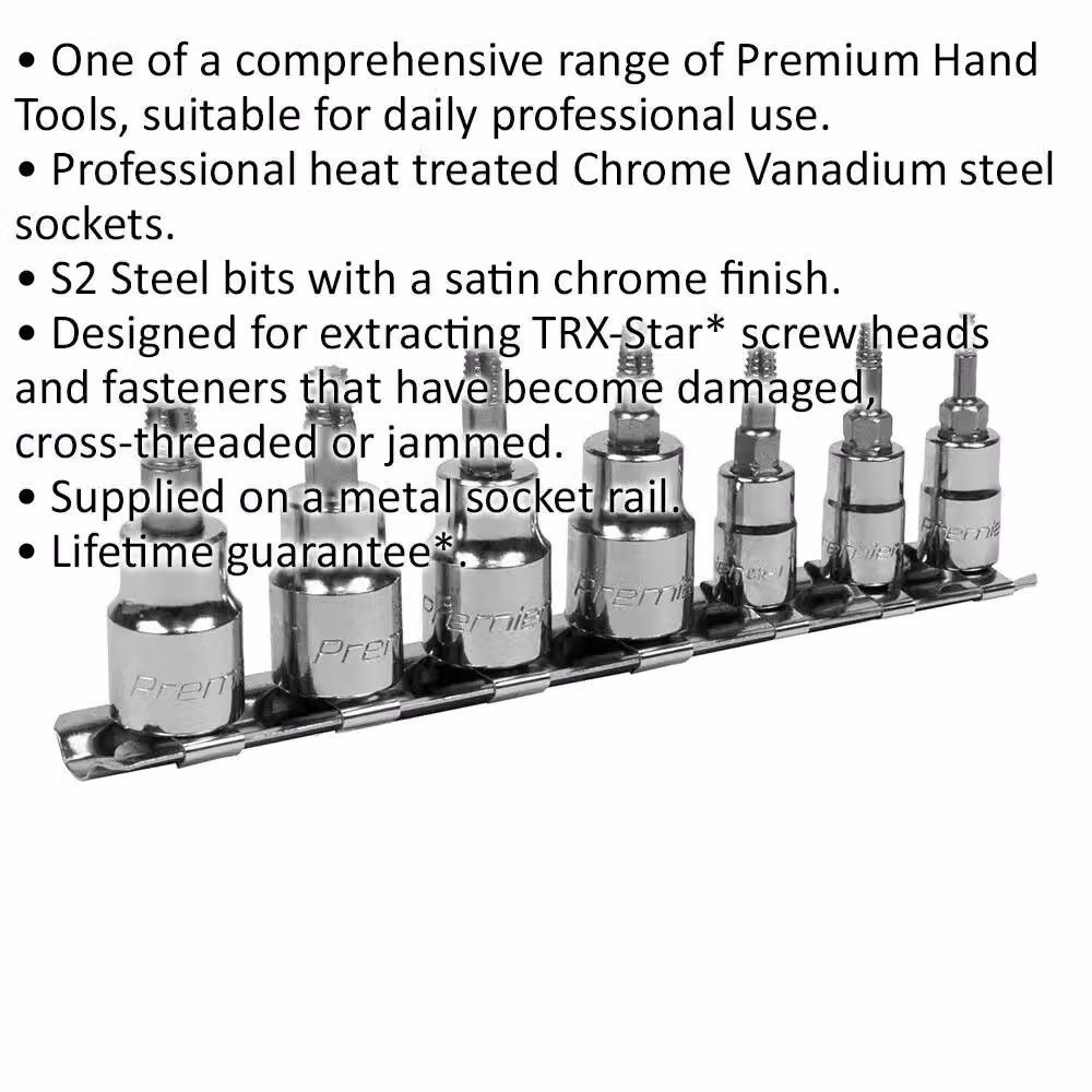Loops 7pc TRX Star Socket Bit Set in Silver and Multicolour Chrome Vanadium Steel with 1/4" and 3/8" Square Drive – 2