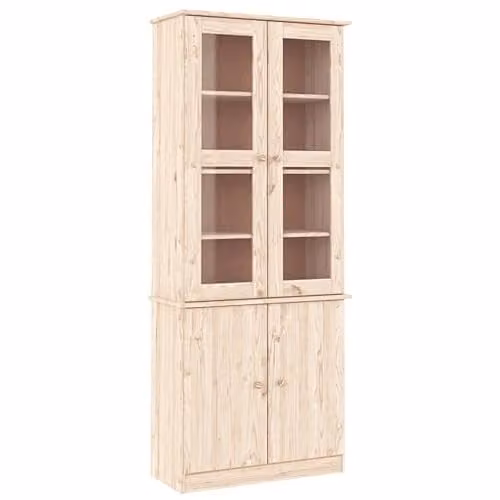 vidaXL ALTA Glass Display Cabinet in Natural Brown Solid Pine, W/D/H: 77 x 35 x 186.5 cm