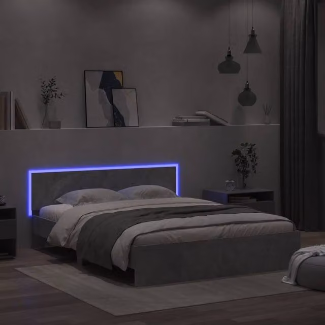 Berkfield Home Modern Bed Frame with LED Under-Bed Lighting and USB Charging Port in Concrete Grey, W: 160 cm, L: 200 cm – 1