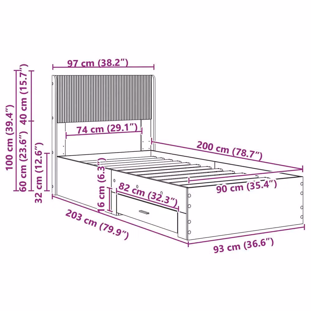 Berkfield Home Bed Frame with Storage and Headboard in Concrete Grey, W/D/H: 90 x 200 cm – 2