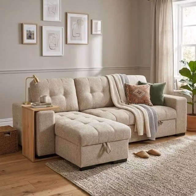 Stratus Interiors Modern Upholstered Fabric Sofa Bed with Sleeping Function in Beige – 1