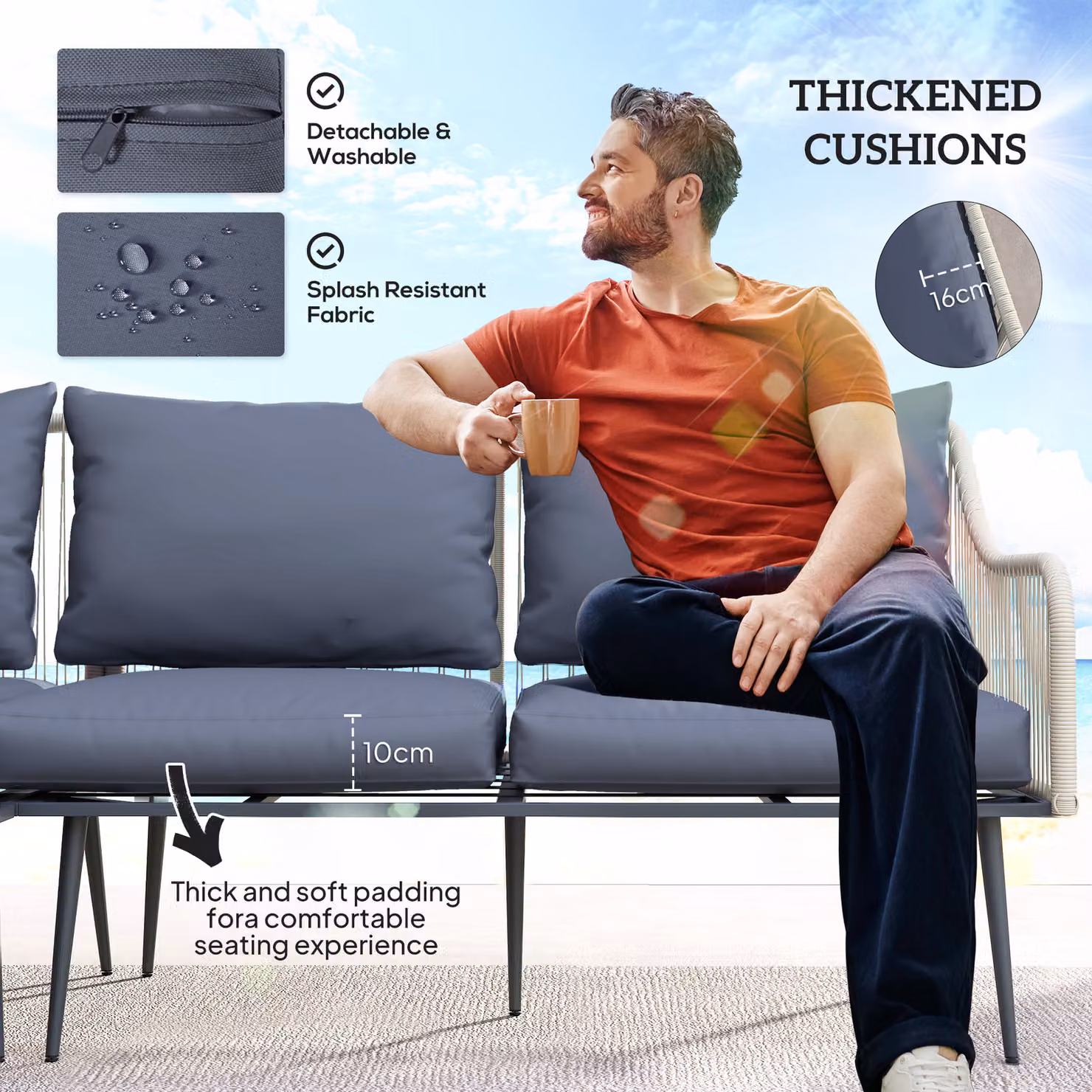 Outsunny 6 Piece Garden Furniture Set with Corner Sofa, Glass Top Table and Footstools in Light Grey – 4
