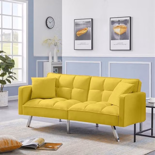 Kosy Koala Yellow Velvet Recliner Sofa Bed with 2 Scatter Cushions and Adjustable Headrest