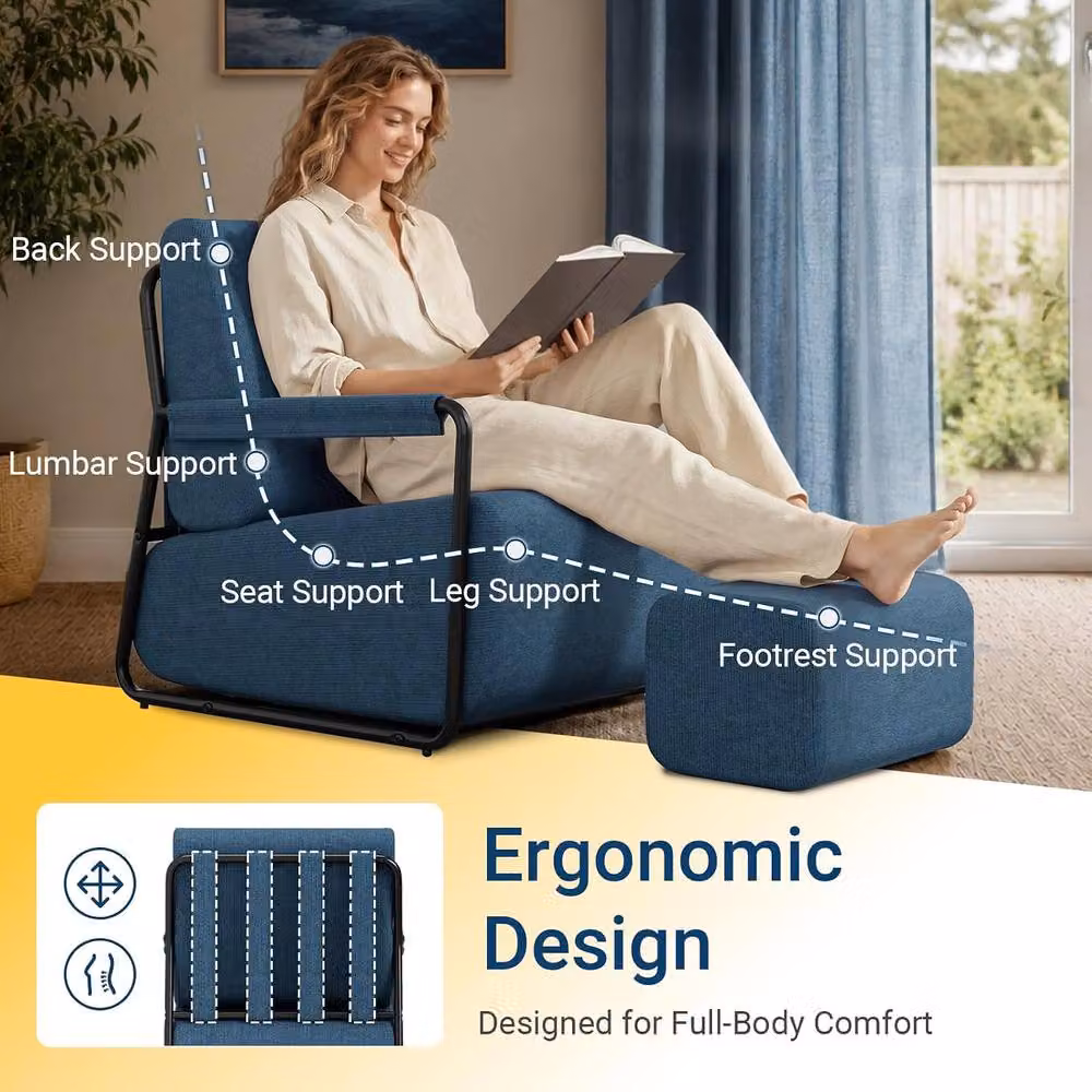 SoBuy Modern Convertible Armchair with Ottoman in Dark Blue Ribbed Fabric – 3