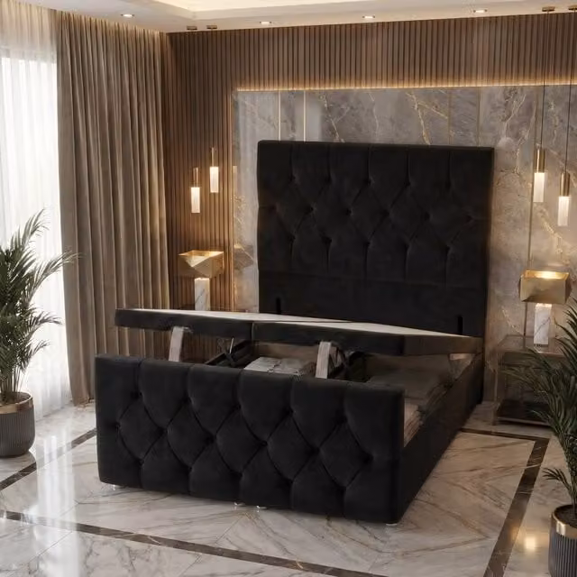 Somnior Ziggy Plush Single Storage Ottoman Divan Base with 54 inch Headboard and 22 inch Footboard in Black Velvet Fabric, W/D/H: 90 x 190 cm – 1