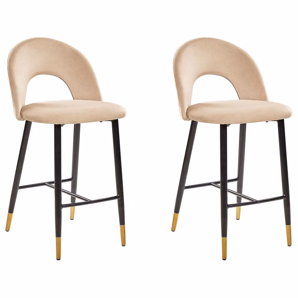 Wyld and Coco Set of 2 Beige Velvet Bar Chairs with Gold-Tone Steel Legs – 2