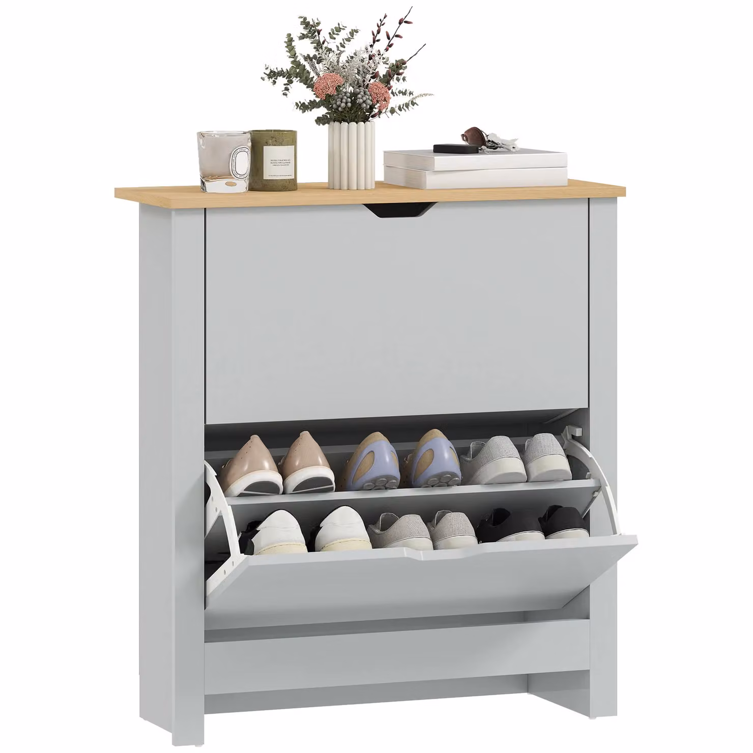 HOMCOM 12-Shoe Storage Cabinet with 4 Shelves and 2 Drawers in Light Grey – 2