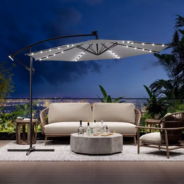 Breeins Light Grey Outdoor Patio Umbrella with 32 LED Lights and Crank Lift
