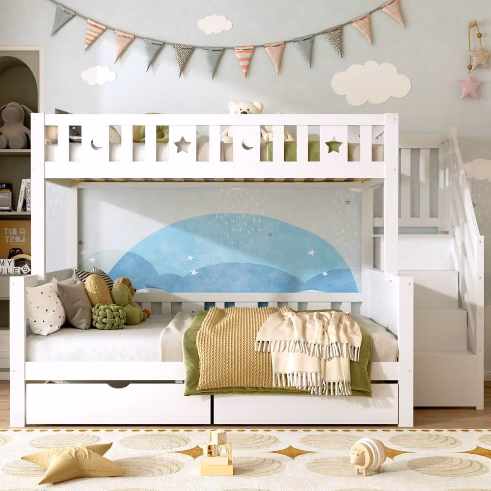 Matteo Solid Wood Double Bunk Bed with Storage Drawers and Stairs in White – 2