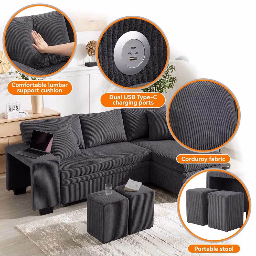 FENCHILIN L-Shaped Pull-out Sofa Bed with Reversible Chaise and 2 Matching Ottomans in Grey – 3