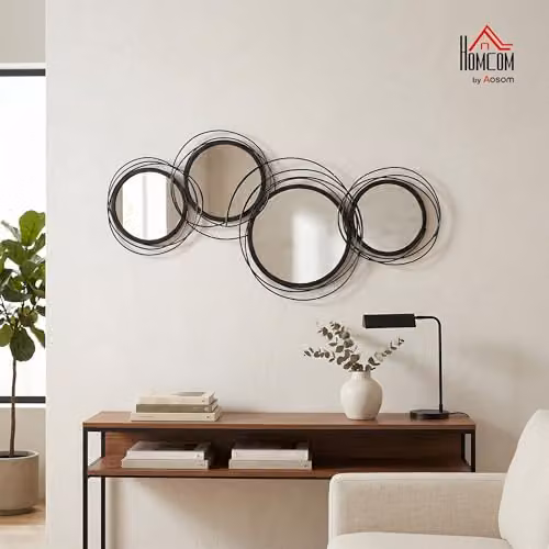 HOMCOM Modern Geometric Round Metal and Glass Wall Mirror, Black, Diameter: 56 cm – 2