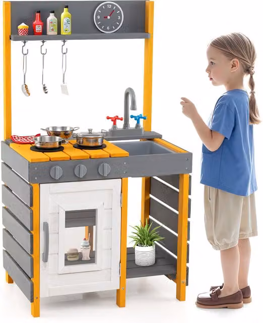 Costway Wooden Kids Pretend Play Kitchen Toy Playset in Grey