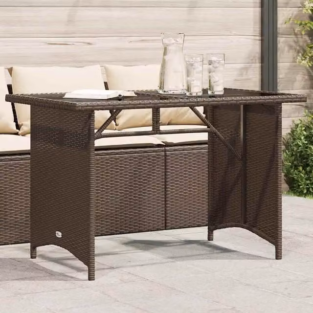 Berkfield Home Modern Brown Poly Rattan Garden Table with Glass Top, W/D/H: 110 x 68 x 70 cm – 1