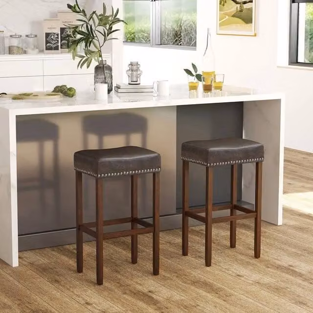 KORVIXA Set of 2 Padded Counter Height Bar Stools in Brown with Rubberwood Finish – 1
