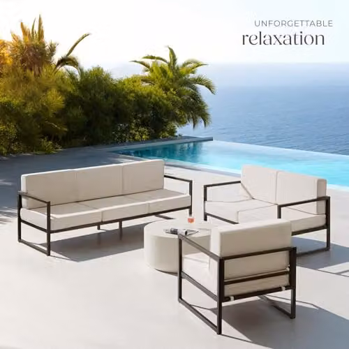 tectake Minimalist Garden Furniture Set with Powder Coated Steel Frames, Including 1 x 3-Seater Sofa, 1 x 2-Seater Sofa, 1 x Lounge Armchair and Upholstered Foam Cushions with Removable Covers – 2