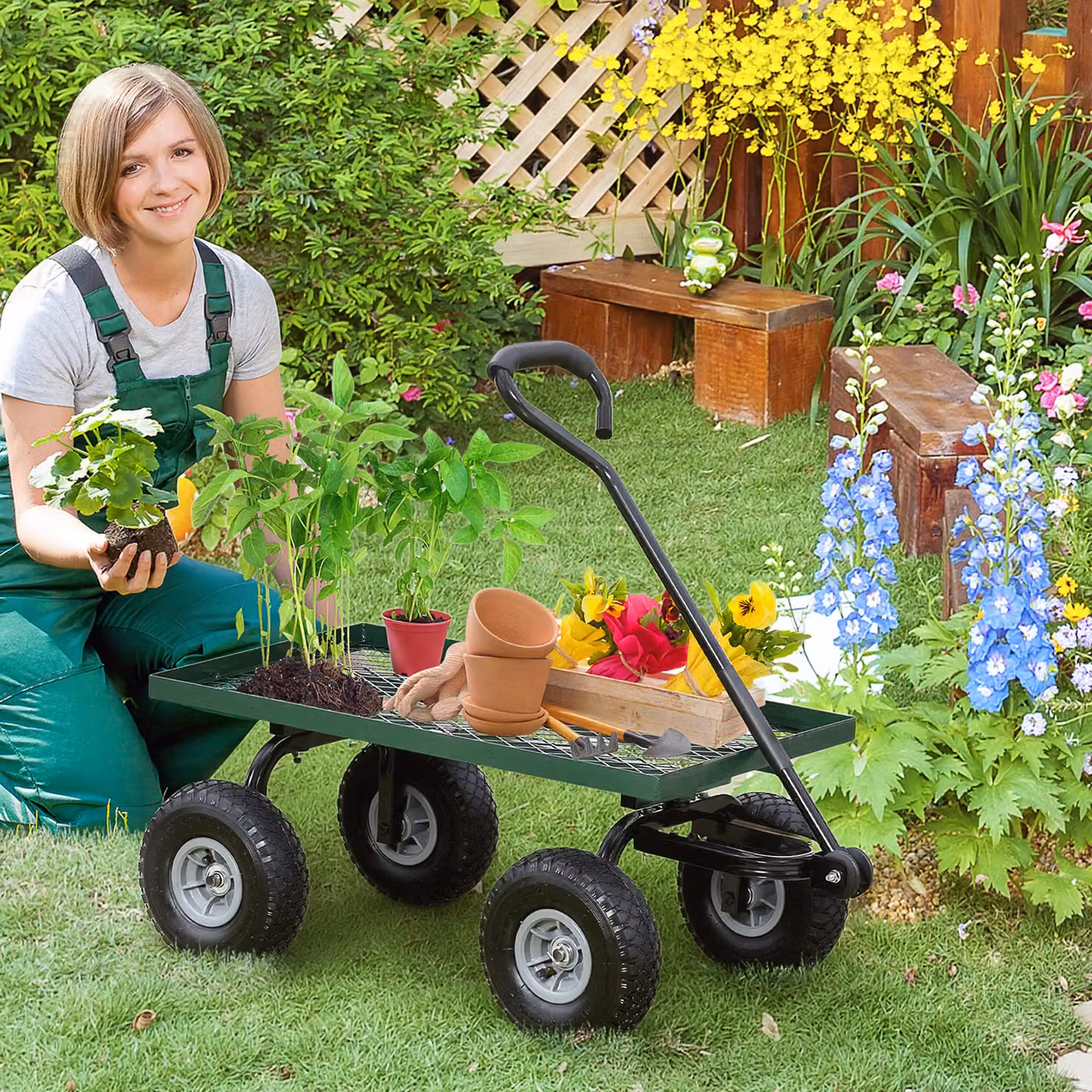 Outsunny Heavy Duty Garden Trolley Cart with Metal Frame and Pneumatic Wheels, Green – 2