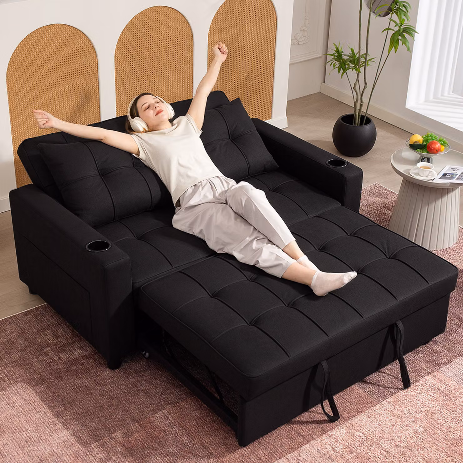 HOMCOM Two-Seater Click-Clack Pull-Out Sofa Bed with Cup Holders in Black – 8