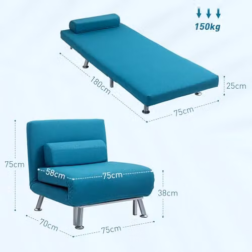 HOMCOM Single Sofa Chair Bed in Dark Blue with Metal Frame and Foam Mattress – 3