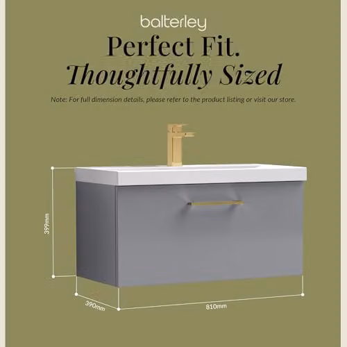 Balterley Wall Hung Single Drawer Grey Bathroom Vanity Unit with Mid Edge Basin and Brushed Brass D Shape Handle W/D/H: 81.0 x 39.0 x 39.9 cm – 2