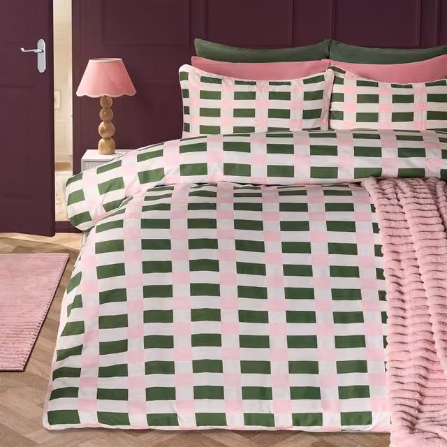 OHS Green Checkerboard Microfibre Duvet Cover and Pillowcase Set, W: 140 cm, H: 200 cm