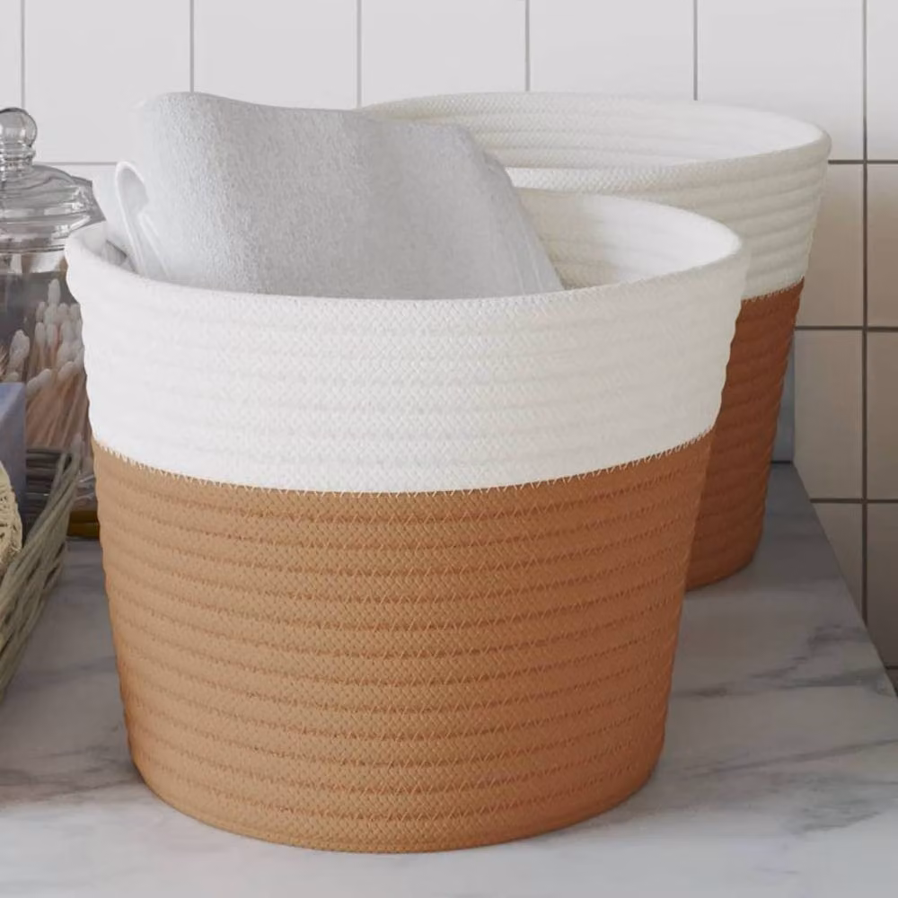 Berkfield Home Storage Baskets, 2 Pack, Brown and White Cotton Open Weave Fabric Baskets with Handles, W: 24 cm, H: 18 cm – 2