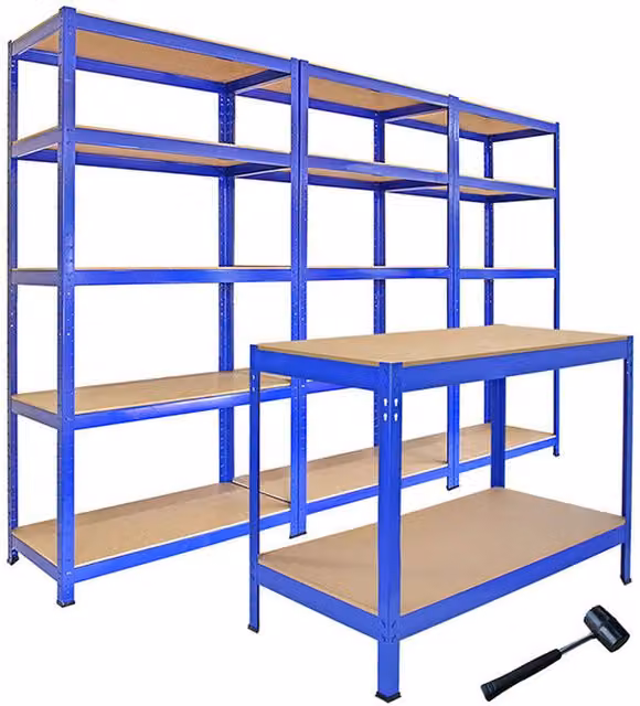 Monstershop Monster Racking 3 T-Rax Storage Shelving Units and 120cm Q-Rax Workbench, Blue – 3