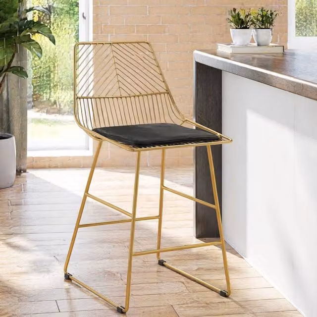 STILVORA Set of 2 Modern Geometric Bar Stools with Glossy Gold Metal Frame