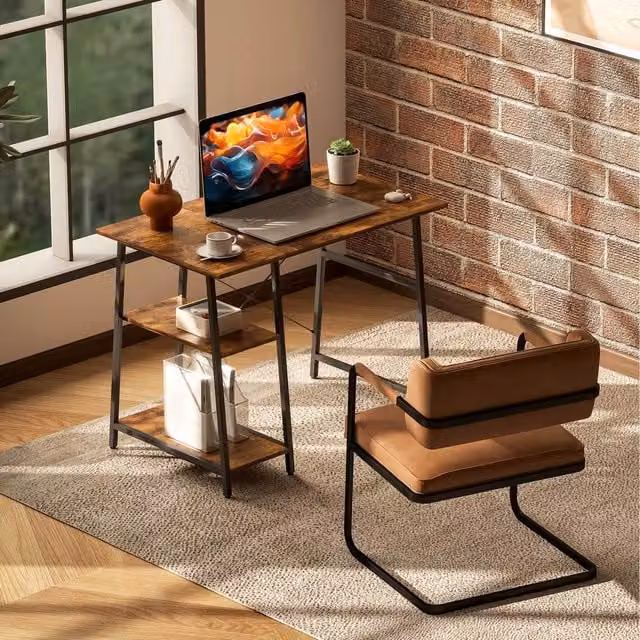HOMCOM Industrial Writing Desk with 2 Shelves and Steel Frame, Rustic Brown and Black, Width: 120 cm