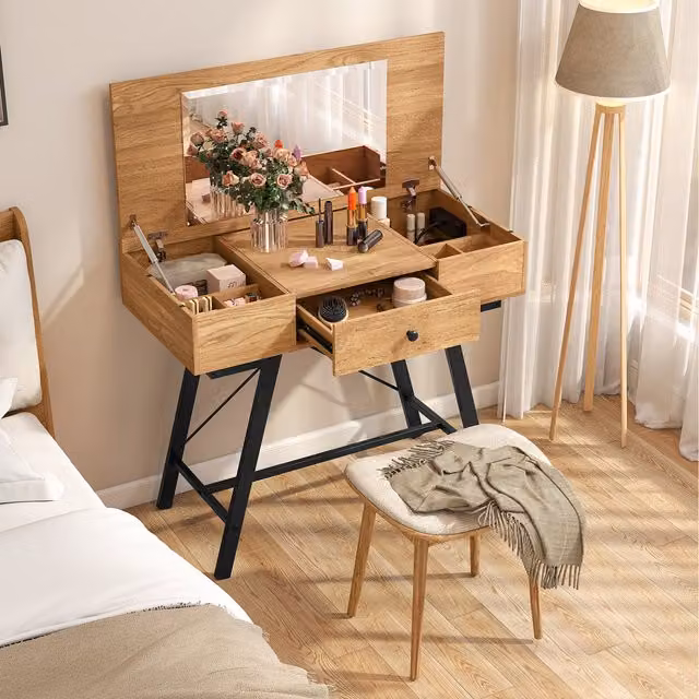 COSTWAY 2-in-1 Vanity Desk Set in Rustic Brown Wood and Metal