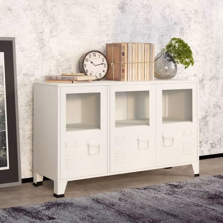 Berkfield Home Industrial Sideboard in White Metal and Glass, W/D/H: 105 x 35 x 62 cm
