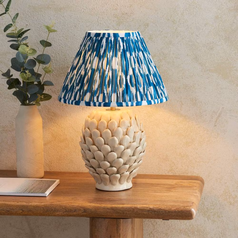Netlighting Layered Leaf Ivory Table Lamp with Blue Fabric Ikat Shade and Gold/Brass Base, Diameter: 30 cm – 2